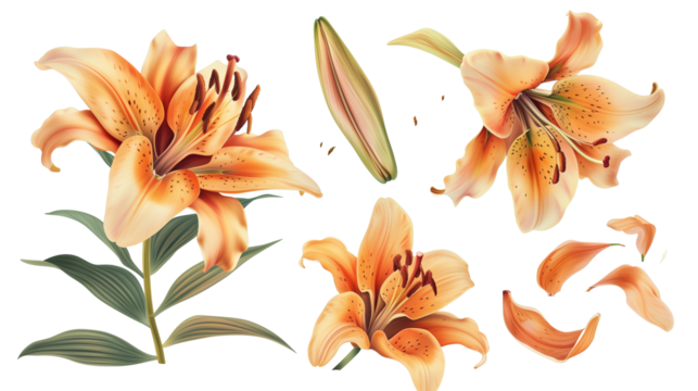 Set of springtime lily flowers and petals isolated on transparent background.