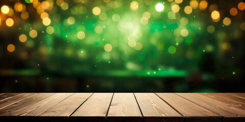 Wooden table with blurred St. Patrick's Day background - obrazy, fototapety, plakaty