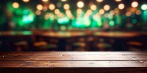 Wooden table with Irish bar background - obrazy, fototapety, plakaty