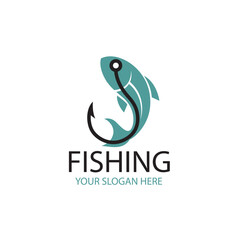 fishing emblem with fish and hook isolated on white background