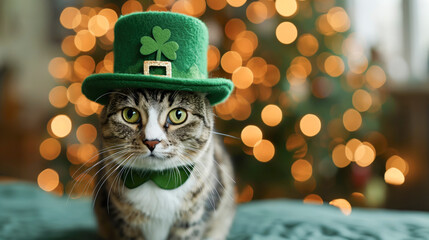 A Stylish Cat with a Green Hat and Bow Tie for saint Patrick - obrazy, fototapety, plakaty