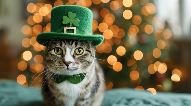 A Stylish Cat with a Green Hat and Bow Tie for saint Patrick