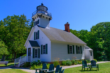 The Mission Point Lighthouse on the Coast of Lake Michigan on the Mission Point Peninsula, near Traverse City, Michigan.