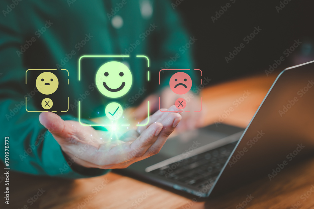 Poster customer review satisfaction feedback survey concept. user rate their service experience on online a