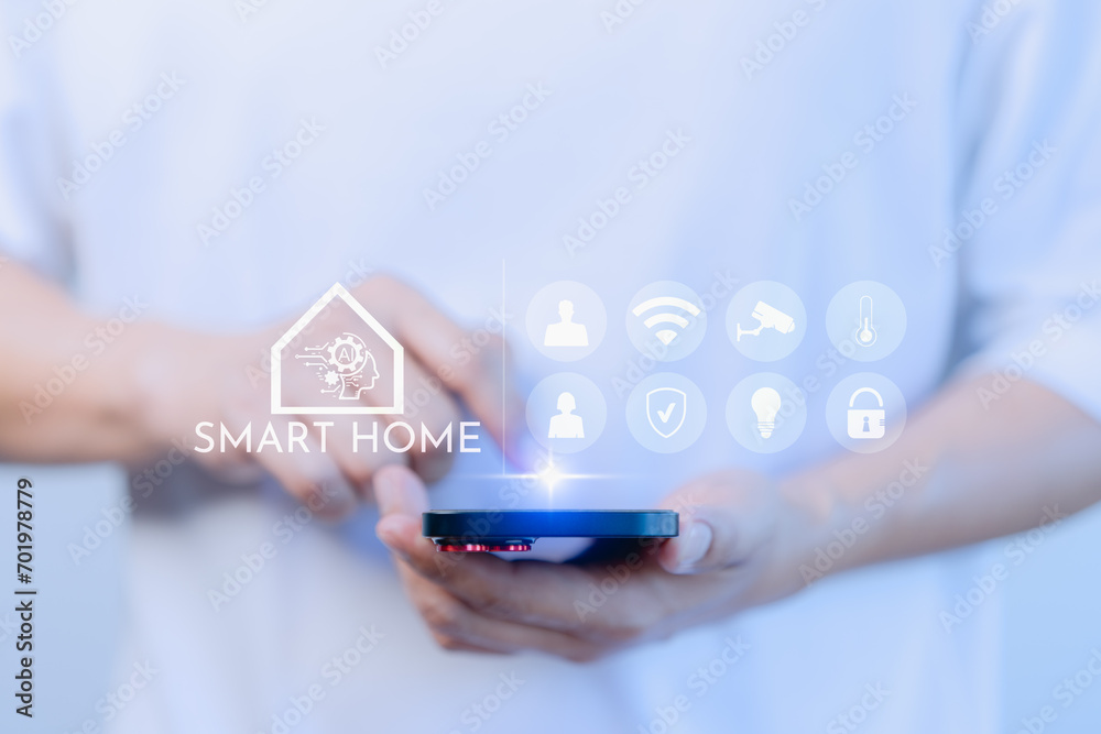 Aufkleber Adult man control technology AI smart home devices using a smartphone or mobile phone with launched application. Internet of Things of smart home automation apps concept.
