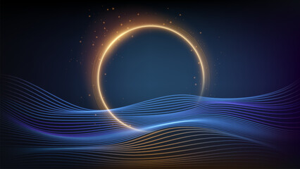 Gold Eclipse with Blue Wave Background, Vector Illustration