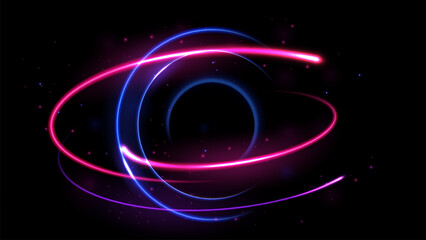 Blue and Pink Circle Light Effect Moving on Dark Background, Vector Illustration