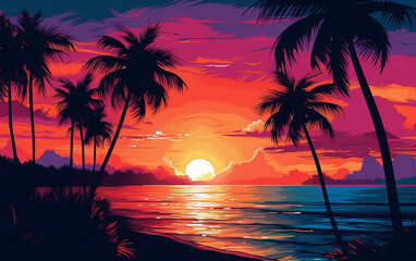 Illustration of sunset at beach