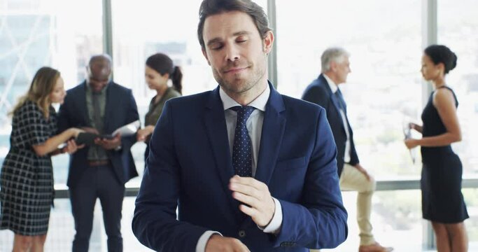 Smile, crossed arms and portrait of businessman in the office for leadership or management. Happy, confidence and professional male attorney manager from Canada with team of lawyers in workplace.