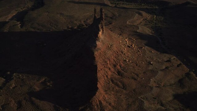 Aerial view of unique rock mountain in desert