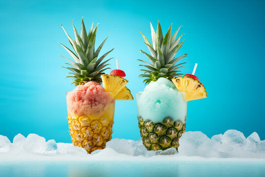 Pineapple represents a glass in which there is a cocktail, there is also a straw, stock image