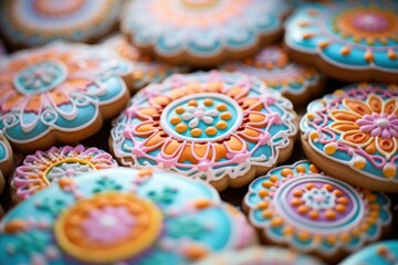 Fototapeta na wymiar Meticulously decorated sugar cookies steal the spotlight in this vibrant shot. The intricate details of handpiped royal icing transform each cookie into a miniature work of art, with hues