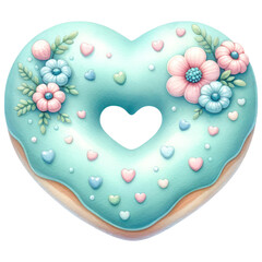 Elegant Heart-Shaped Donut, Pastel Cyan Blue Colored Valentine Donut Decorated with Icing and Floral, Sweet Dessert, Isolated on Transparent Background. Generative AI