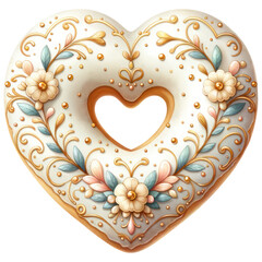 Elegant Heart-Shaped Donut, Pastel Ivory and Gold Colored Valentine Donut Decorated with Icing and Floral, Sweet Dessert, Isolated on Transparent Background. Generative AI