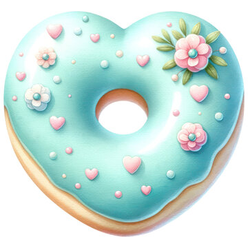 Elegant Heart-Shaped Donut, Pastel Cyan Blue Colored Valentine Donut Decorated with Icing and Floral, Sweet Dessert, Isolated on Transparent Background. Generative AI