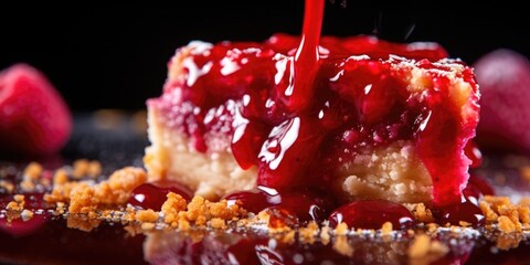 An artistic shot focusing on the mouthwatering raspberry filling, captured in midslice revealing the oozing berry jam mingling with the ery crumbs in a tantalizing display of flavors.