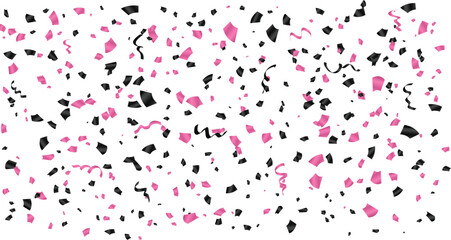 Black and pink confetti and ribbon on white background, festive illustration, Shiny Confetti explosion, colorful confetti and ribbons, Celebration elements