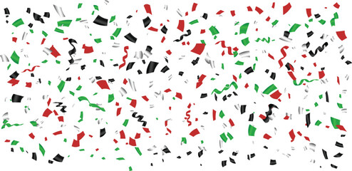 illustration of red, green and black confetti and ribbons Isolated on white background, Shiny Confetti explosion, colorful confetti Celebration elements, Falling confetti