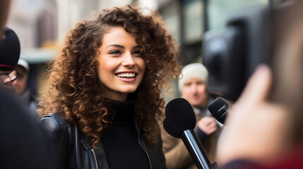 TV live news broadcasting team members with cameras and microphones interviewing a happy and smiling beautiful young lady with curly brunette hair. Reporters asking questions, giving street interview - obrazy, fototapety, plakaty