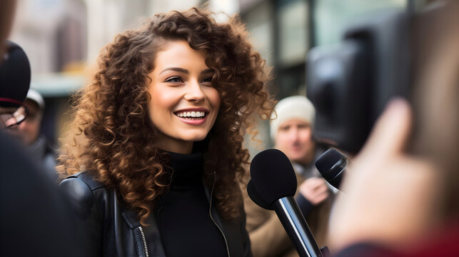 TV live news broadcasting team members with cameras and microphones interviewing a happy and smiling beautiful young lady with curly brunette hair. Reporters asking questions, giving street interview