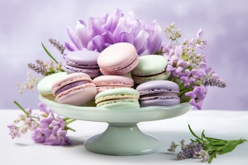 Fototapeta na wymiar A delicate pastel palette forms the backdrop for this enchanting macaron composition. Against a cloudlike canvas, a collection of macarons showcases an impressive range of flavors, each