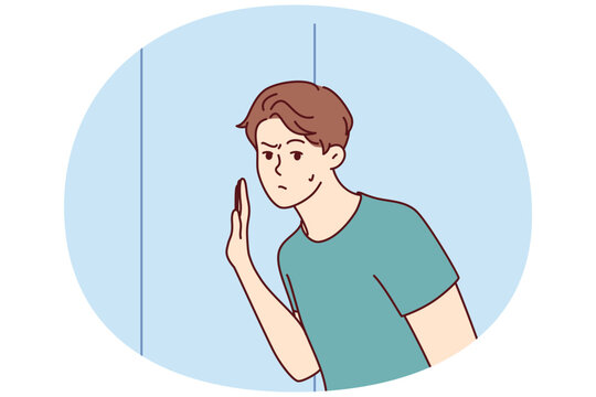 Embarrassed man leaned against door wanting to eavesdrop on someone else secret or hear conversations of people behind wall. Thoughtful guy in t-shirt spying on neighbors. Flat vector image