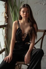 Fototapeta na wymiar A Teen Girl wearing a Black Jumpsuit with Deep Irregular Shapes Background - Woman Princesscore Avacadopunk Fashion Style - Clothes Bold Curves Intricate Cut-Outs created with Generative AI Technology