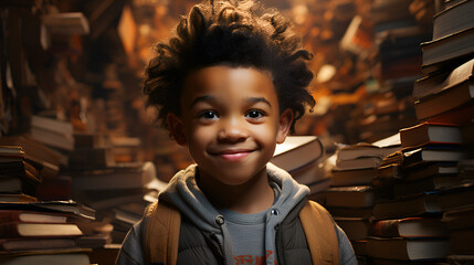 Child reading a book in a library, small African American boy staring up at tall stacks of books - obrazy, fototapety, plakaty