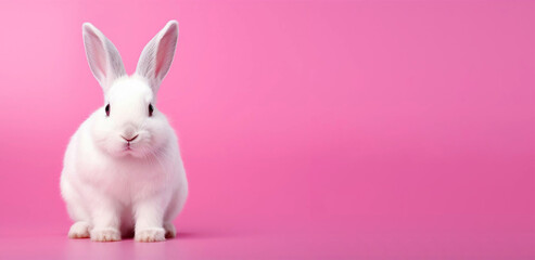 Obraz premium Cute white rabbit on pink background