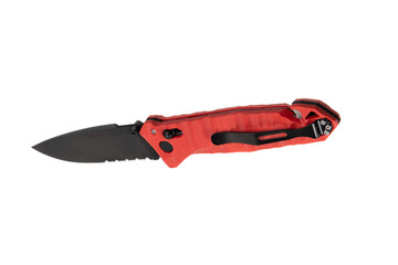 Pocket modern folding knife. Pocket knife with corkscrew and sling cutter. Isolate on a white back