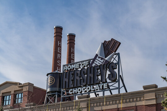 Hershey. Pennsylvania - December 8, 2023: Hershey Sign on Hershey's Chocolate World Retail Store
