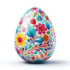 Colorful easter egg with ornate doodle floral decoration. Colorful floral pattern on red egg.