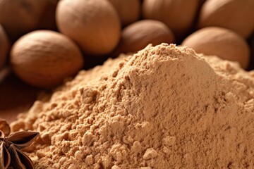 Fototapeta na wymiar Close up of nutmeg powder on a background
