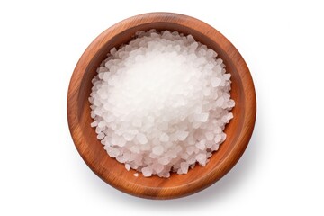 Fototapeta na wymiar Closeup top view of sea salt isolated in wooden bowl on white background