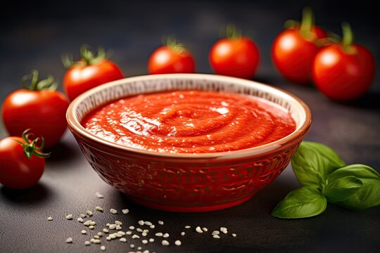 Closeup of tomato paste in a bowl on a light background