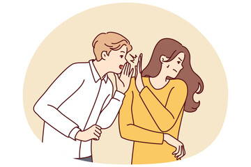 Self-sufficient woman turns away from screaming man after insults or unpleasant words. Girl shows stop sign with palm to guy who wants to tell secret or make obscene proposal. Flat vector illustration