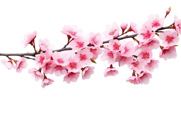 Cherry tree branch adorned with pink flowers isolated on white