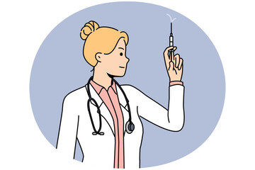 Young female nurse in medical uniform hold syringe in hands. Woman doctor or GP ready to make injection. Medicine and healthcare, vaccination concept. Vector illustration.