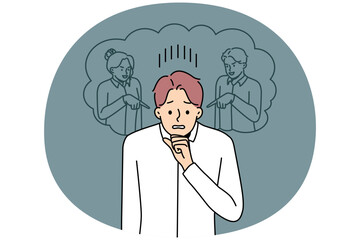 Unhappy young man feel pressure from colleagues pointing and scolding. Upset male feel distressed suffer from bullying at workplace. Vector illustration.