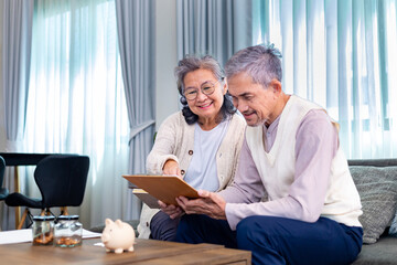 Senior Asian couple is planning on retirement saving fund looking at their income and expense and...