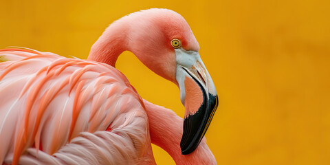 Close-up of a Pink Flamingo Against a Vibrant Yellow Background