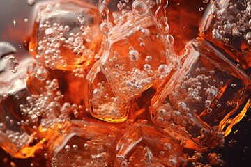 Cold carbonated soft drink with ice in close up