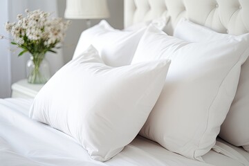 Comfortable indoor bed with white pillows