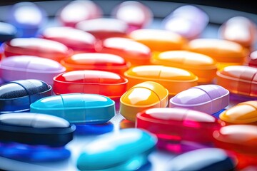 Colorful tablets and capsules arranged in beautiful pattern in blister packaging with flare light...
