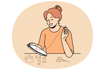 Smiling young woman embroidering with threads and needle at home. Happy female enjoy art and craft of weekend. Hobby and relaxation. Vector illustration.