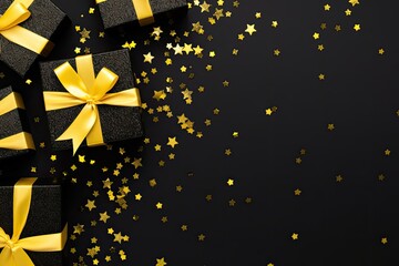 Black gift boxes with black ribbons, stars confetti, and glitter on a yellow background. Top view of Black Friday sale.