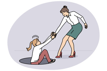 Businesswoman give hand to colleague in need rescue female employee from hatch. Supportive woman help suffering coworker. Teamwork and friendship. Vector illustration.