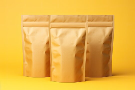 Brown kraft paper bags with groceries, placed on a yellow background. Packaging template for food and goods, with windows to show product weight.