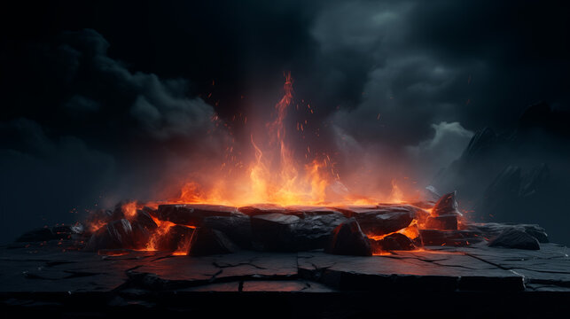 Stone Slate Fire Smoke Platform Empty Blank Plate Podium Pedestral Table Stand Mockup Product Display Showcase Surface Podest Presentation Barbeque, Charcoal
