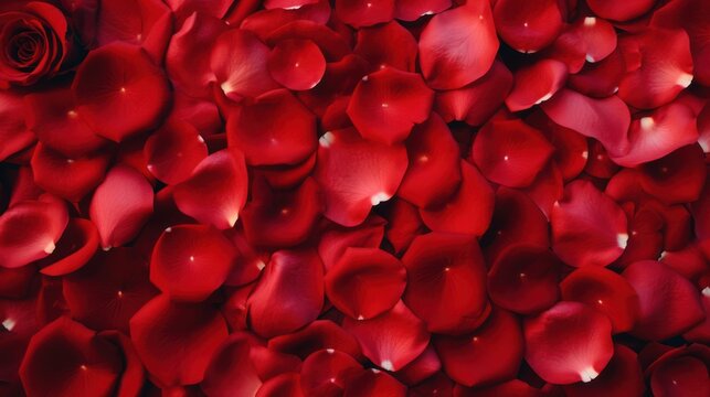 Bed of red rose petals with single full bloom. Romance and Valentine's Day.
